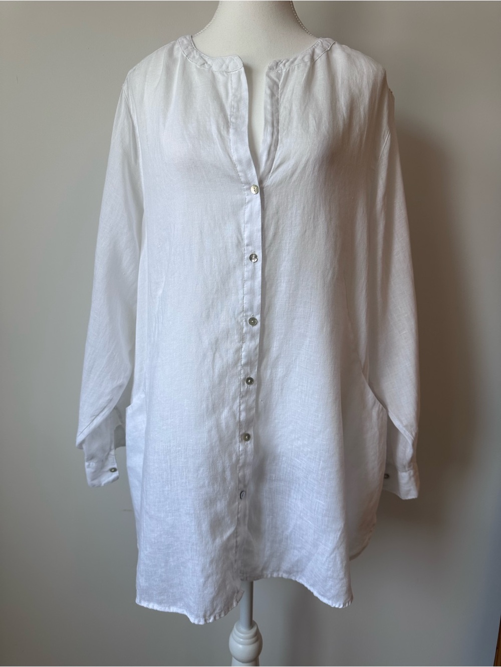 Sigrid Olsen 100% Linen White Button-Up Shirt w/ Pockets Coastal Lagenlook - 1X